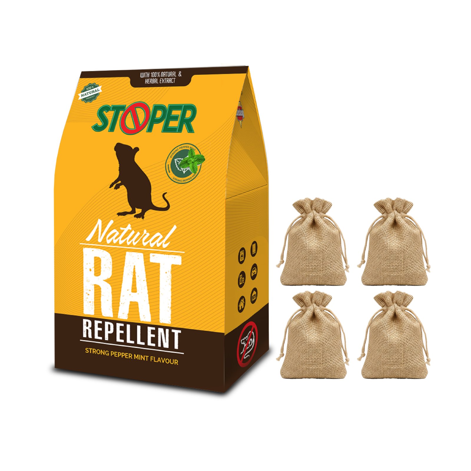 Stoper Natural Rat Repellent Bags | Strong Pepper Mint Flavour | 100% Natural and Herbal Extract |Suitable for Car, Storage Area, Electrical Panels, Cubboards, Under Appliances-20g(Pack of 4)